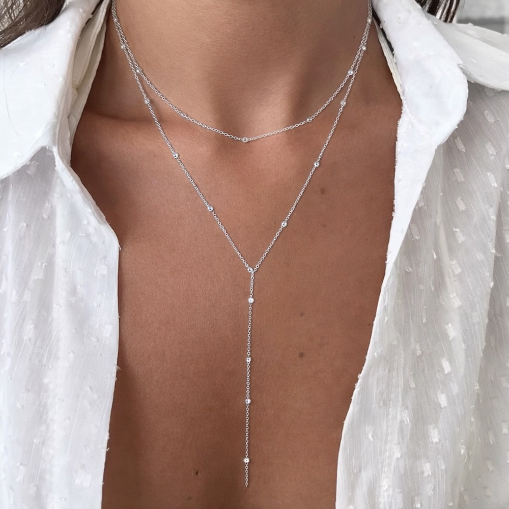 NEW SILVER Y LARIAT BEAD DROP NECKLACE - Picture 3 of 5
